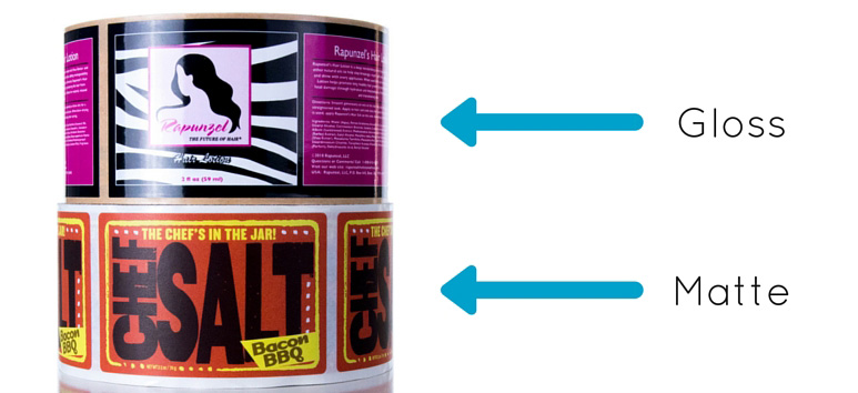 The difference between gloss and matte laminate on two different roll labels.