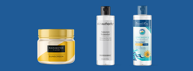 Three Sunscreen Bottles with Labels