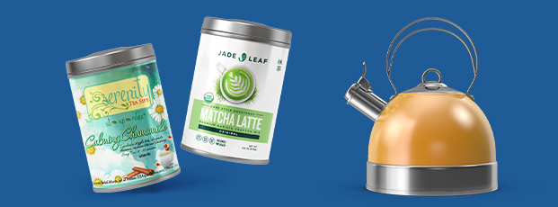 Tea Kettle with Tea Tins and Labels